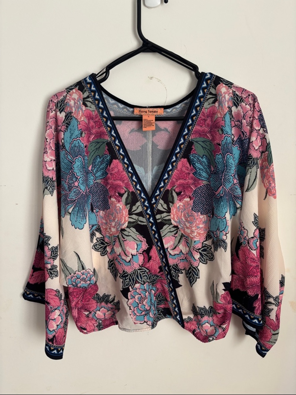 Flying Tomato Pink and Blue Floral Wrap-Style Top
